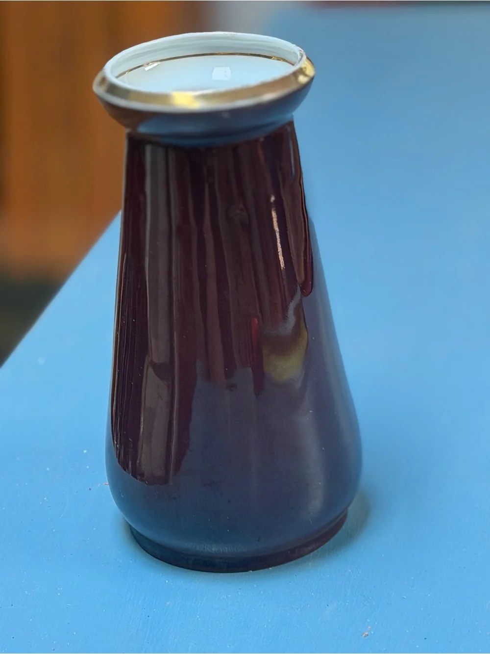 Antique Bavarian Vase - Painted Ceramic Vase in Deep Brown with Gold Rim